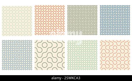 Truchet-Kollektion mit dünnen, runden Formen und nahtlosen Mustern. Moderner Stil mit geometrischen Mosaikmustern und abgerundeten Linien. Modernes, neigbares Mosai Stock Vektor
