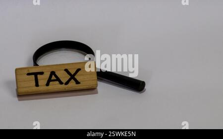 Das Bild zeigt einen Holzblock mit dem Wort „TAX“ in schwarzem Text. Der Holzblock ist auf eine schwarze Lupe gestellt, die ich Stockfoto