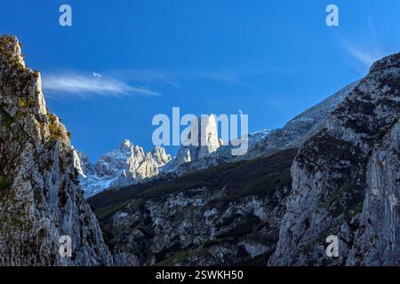 Der berühmte Gipfel Naranjo de Bulnes, bekannt als PICU Urriellu, im Nationalpark Picos de Europa, Asturien in Spanien Stockfoto