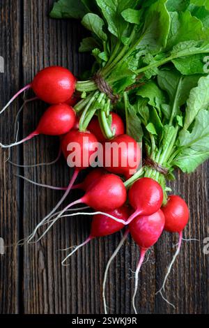 Ein Haufen frischer Bio-Rettich mit Grün auf Holztisch aus nächster Nähe. Lebensmittelfotografie Stockfoto