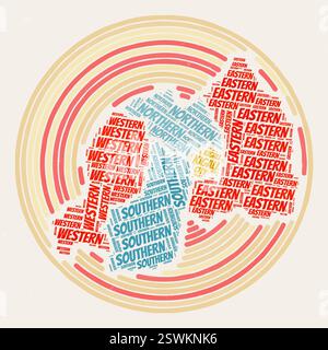 Runder Poster Ruanda. Typographische Darstellung des Landes. Regionen Wortwolken von Ruanda. Vintage-Design mit Kratzstruktur. Stock Vektor
