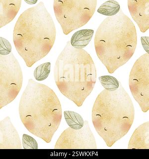 Kacheltes Muster Zitronen Blätter, Früchte mit Augen. Nahtloses Pastellmuster. Handgezeichnete Illustrationen auf weißem Hintergrund für die Gestaltung von Textilien Stockfoto