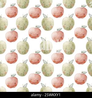 Muster Aquarell Äpfel grün, rot, Früchte mit Augen. Nahtlose Druckzeichen. Handgezeichnete Lebensmittelillustrationen auf weißem Hintergrund für Design Stockfoto