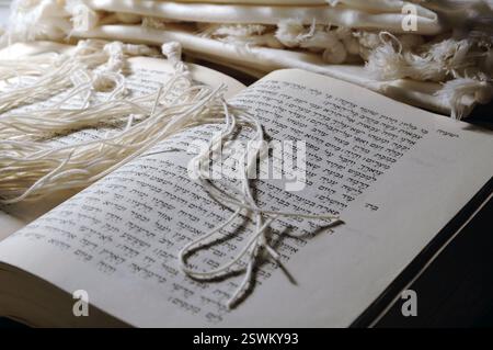 Tzitzit- oder Tsitsiyot-geknotete rituelle Fransen oder Quasten eines Talit-Gebetschals, getragen von aufmerksamen Juden, die auf dem offenen Buch Jesaja der hebräischen Bibel liegen Stockfoto