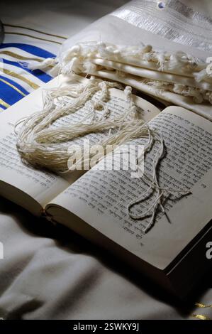 Tzitzit- oder Tsitsiyot-geknotete rituelle Fransen oder Quasten eines Talit-Gebetschals, getragen von aufmerksamen Juden, die auf dem offenen Buch Jesaja der hebräischen Bibel liegen Stockfoto