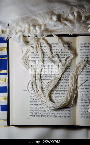 Tzitzit- oder Tsitsiyot-geknotete rituelle Fransen oder Quasten eines Talit-Gebetschals, getragen von aufmerksamen Juden, die auf dem offenen Buch Jesaja der hebräischen Bibel liegen Stockfoto