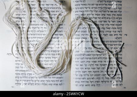 Tzitzit- oder Tsitsiyot-geknotete rituelle Fransen oder Quasten eines Talit-Gebetschals, getragen von aufmerksamen Juden, die auf dem offenen Buch Jesaja der hebräischen Bibel liegen Stockfoto