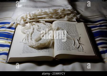 Tzitzit- oder Tsitsiyot-geknotete rituelle Fransen oder Quasten eines Talit-Gebetschals, getragen von aufmerksamen Juden, die auf dem offenen Buch Jesaja der hebräischen Bibel liegen Stockfoto
