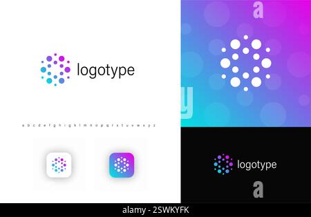Abstraktes kreisförmiges Logo mit dynamischen Punkten, das Konnektivität, Technologie und Innovation symbolisiert. Ideal für digitale Plattformen, Biotechnologie, KI, Analyse Stock Vektor