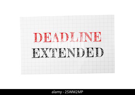 Frist Erweiterter Text auf Papier isoliert auf weiß Stockfoto