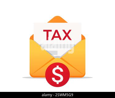 Umschlag mit Steuerbeleg. Steuerschreiben. Steuerpost. Vektorabbildung. Isoliert auf weißem Hintergrund. Stock Vektor
