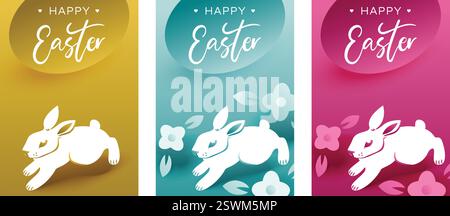 Frohe Ostern Banner. Trendiges Osterdesign mit Typografie, Frühlingsverlaufsfarben, Eiern, Blumen und weißem Häschen. Moderner, minimalistischer Stil. Vertikal Stock Vektor