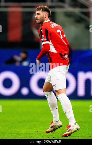 Mailand, Italien. Februar 2025. Mailand - Santiago Gimenez vom AC Milan während der zweiten Etappe der K.O.-Phase Play-offs des neuen Formats der Champions League 2024/2025. Das Spiel findet am 18. Februar 2025 in Mailand statt, wo der AC Milan gegen Feyenoord bei Giuseppe Meazza San Siro ausgetragen wird. Credit: Box to Box Pictures/Alamy Live News Stockfoto