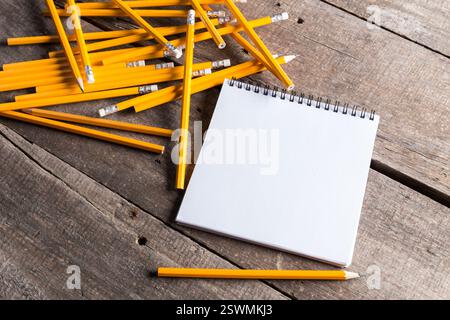 Kreatives Konzept mit vielen Bleistiften und offenem leerem Notizbuch Stockfoto