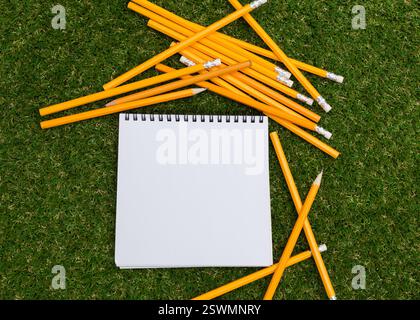 Kreatives Konzept mit vielen Bleistiften und offenem leerem Notizbuch Stockfoto