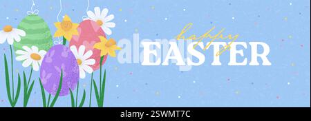 Vorlage für horizontales Osterbanner. Kreative Oster-Vektor-Illustration mit hängendem Ei, Frühlingsblumen und Gras. Feiertagshintergrund für die Gestaltung von PA Stock Vektor