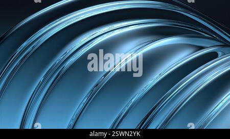 Blaues Glas gewellte Platte Dunkler Hintergrund Luxuskurve zeitgenössischer Charme eleganter moderner 3D-Rendering abstrakter Hintergrund hohe Qualität 3D-Illustration Stockfoto