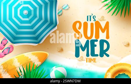 Sommer Zeit Vektor Hintergrund Design. Es ist Sommer Zeit Text am Strand draußen mit Sand, Meer und tropischen Elementen für lustige sonnige Jahreszeit. Vektor Stock Vektor
