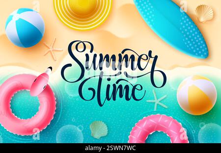 Sommer-Vektor-Hintergrund-Design. Typografie-Text in der Sommerzeit am Strand mit Floater, Surfboard und Beachball-Elementen für Spaß und Spaß Stock Vektor