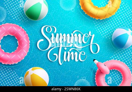 Sommer-Vektor-Hintergrund-Design. Es ist Sommer Zeit Typografie Text im Wasserelement mit Floatern und Beachball-Objekten für entspannte tropische Jahreszeit Stock Vektor
