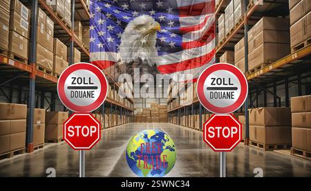 Symbolisches Image, EU, Deutschland und Weltwirtschaft unter Druck von USA-Donald Trump, Zolldrohungen, Elon Musk, Mark Zuckerberg, soziale Netzwerke, gefälscht Stockfoto