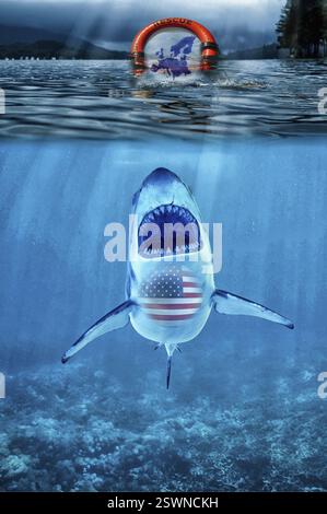 Symbolisches Image, EU Europäische Union und Deutschland unter Druck zwischen USA-China-Russland, Donald Trump, annullierte Werte union, NATO, Zolldrohungen, hb Stockfoto