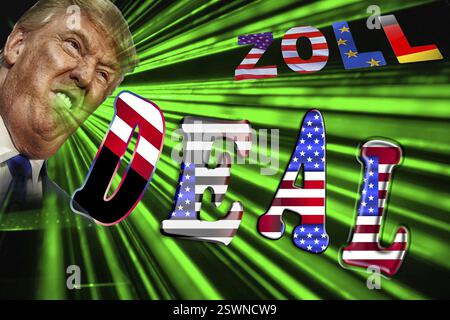 Symbolisches Image, EU und Deutschland unter politischem Druck, Industrie, Donald Trump, Zolldrohungen, Elon Musk, Mark Zuckerberg, soziale Netzwerke, gefälschte neue Stockfoto