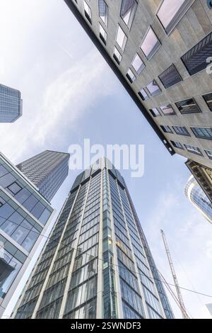 Schauen Sie morgens mitten in der Skyline nach oben. Turmblöcke und moderne Glasfronten bei Sonnenaufgang. Schöner Überblick über die Wolkenkratzer und deren Surro Stockfoto