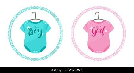 Zwei hinreißende Geschlechter zeigen Illustrationen mit Baby-Bodys mit den Texten „IT's a Boy“ und „IT's a Girl“. Perfekt für Einladungen, Ankündigungen oder Stock Vektor