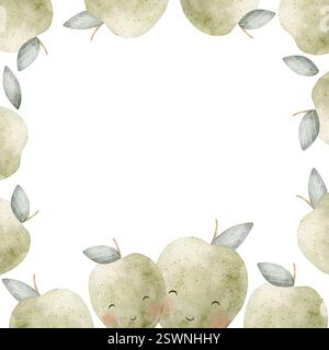 Aquarellrahmen mit grünen Äpfeln, ein paar Zeichen süße Augen. Handgezeichnete Illustration im Zeichentrickstil für Vorlagen von Kindereinladungen Stockfoto