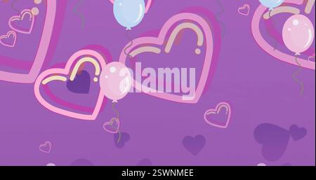 Bild von Ballons und Herzen, die über violettem Hintergrund schweben Stockfoto