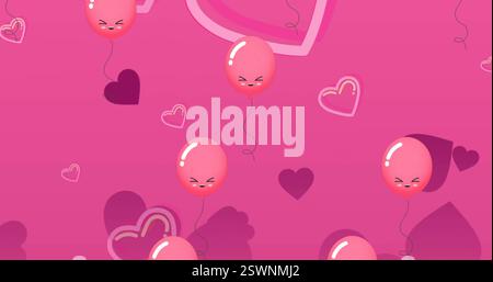 Bild von Ballons und Herzen, die über rosa Hintergrund schweben Stockfoto
