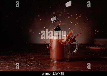 Glasbecher mit heißer Schokolade mit Zutaten auf braunem Hintergrund. Dunkle Schokoladenstücke fallen in ein Glas Kakaogetränk und sorgen so für einen schönen Spritzer Stockfoto