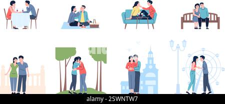 Romantische Dating-Szenen. Verliebte Paare treffen sich im Park, in der Stadt, im Restaurant oder Café. Männer Frauen verbringen Zeit zusammen draußen, neueres Vektorkonzept Stock Vektor