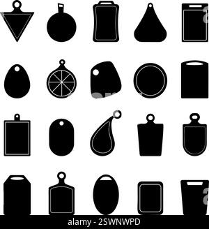 Isolierte Silhouetten von schwarzen Tafeln. Schneidebrett für Lebensmittel, Küchenwerkzeuge Silhouetten. Schilde in verschiedenen Formen, steht für heiße Gerichte. Menüaufkleber Stock Vektor