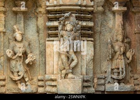 Wunderschön geschnitzte Idole der hinduistischen Gottheiten am Chinnakeshwa Tempel, Lord Shiva Tempel aus dem 12. Jahrhundert, Mosale, Hassan, Karnataka, Indien. Stockfoto