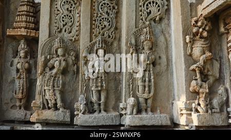 Wunderschön geschnitzte Idole der hinduistischen Gottheiten am Chinnakeshwa Tempel, Lord Shiva Tempel aus dem 12. Jahrhundert, Mosale, Hassan, Karnataka, Indien. Stockfoto