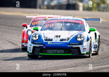 Sydney, Australien. Februar 2025. Der #28 EMA/HFI Porsche 911 GT3 Cup (Typ 992) fuhr von Bayley Hall vor dem #88 Dexion/RAM Motorsport Porsche 911 GT3 Cup (Typ 992), gefahren von Dylan O'Keeffe während des ersten Rennens der 1. Runde der Porsche Paynter Dixon Carrera Cup Australia Championship 2025 im Sydney Motorsport Park, Australien am 22. Februar 2025. (Foto: Nick Strange/Fotonic/Alamy Live News) Stockfoto
