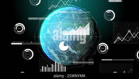 Bild der Datenverarbeitung und Diagramme über den Globus Stockfoto