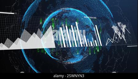Bild der Datenverarbeitung und Diagramme über den Globus Stockfoto