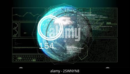 Bild der Datenverarbeitung und Diagramme über den Globus Stockfoto