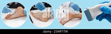Komplexe Untersuchung des verletzten Fuss- und Sprunggelenkes mittels Ultraschalldiagnostik in der Medizin, Fotocollage Stockfoto
