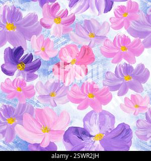 Nahtloses Muster aus abstrakten rosa und lila Blumen, Original handgezeichnet, Impressionismus Stil, Farbtextur, Pinselstriche von Farbe, Kunsthintergrund. Stockfoto