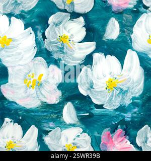 Nahtloses Muster der abstrakten Malerei weiße Blumen, Original handgezeichnet, Impressionismus Stil, Farbtextur, Pinselstriche von Farbe, Kunsthintergrund. Stockfoto