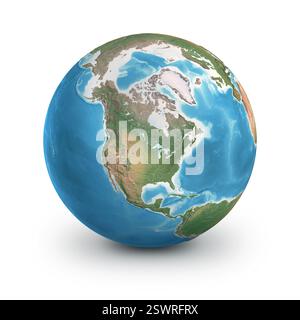 Physikalische Detailansicht des Globus mit Schwerpunkt auf Amerika und Grönland, USA Kanada. Planet Erde, isoliert auf weiß - 3D-Illustration, Elemente dieses Bildes Furnis Stockfoto