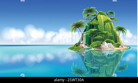 Tropische unbewohnte Insel mit Palmen im Meer. Vektorillustration für Urlaubskonzept Stock Vektor