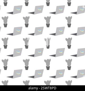 Kakteen im Topf und offener PC mit ukrainischen Flaggenfarben Herzaufkleber auf Deckel nahtlose Muster Hintergrund. Isolierte Vektor-Illustration Wrapping oder Web-Promo Hintergrund, Karten Poster, Banner, Gruß, Etikett Stock Vektor