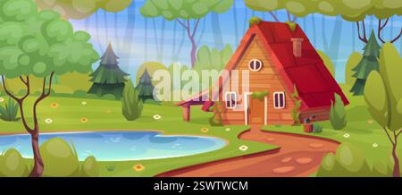 Cartoon Waldhütte. Försterhütte, Holzhütte Bungalow Chalet Dorf im Dschungel Natur Holz Haus Lodge Märchenhütte Spiel Bäume Hintergrund Swanky Vektor Illustration Original Kunstwerk Stock Vektor