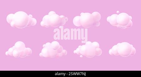 3D-pinke Wolken. Süße weiche Wolken-Rendering, Baumwolle flauschige Blasen über dem Himmel Element Zeichentrickspiel Hintergrund Freiheit Konzept bewölktes Wetter runde Formen, exakte Vektorillustration Original Artwork Stock Vektor