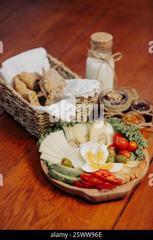 Rustikales Frühstück mit Brot, Käse, Gemüse, gekochten Eiern und Milch auf einem Tisch. Stockfoto